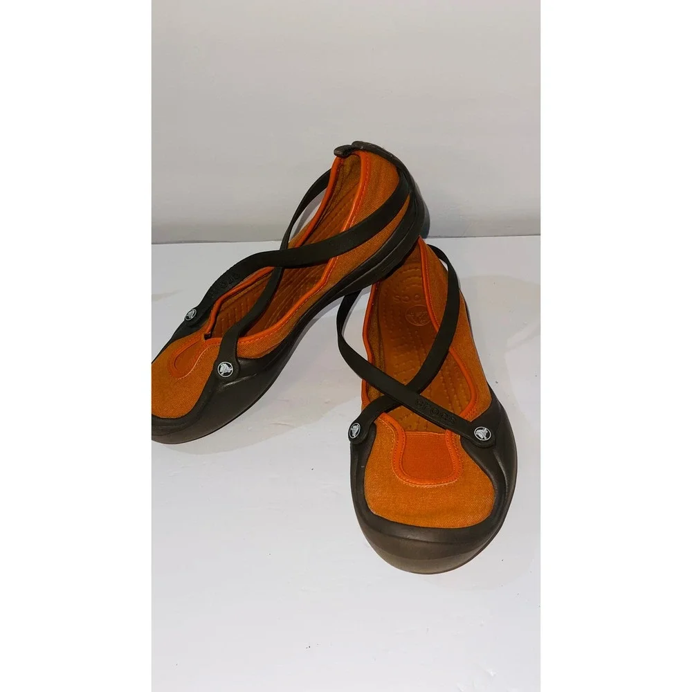 Crocs Womens Adrina Mary Jane Size 12 Orange Brown Canvas Comfort Clog
